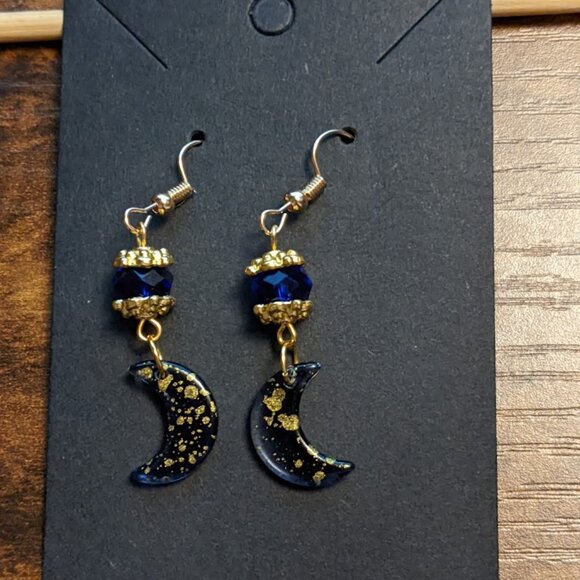 Blue with Cobalt Crescent Moon Earrings - Picture 2 of 6